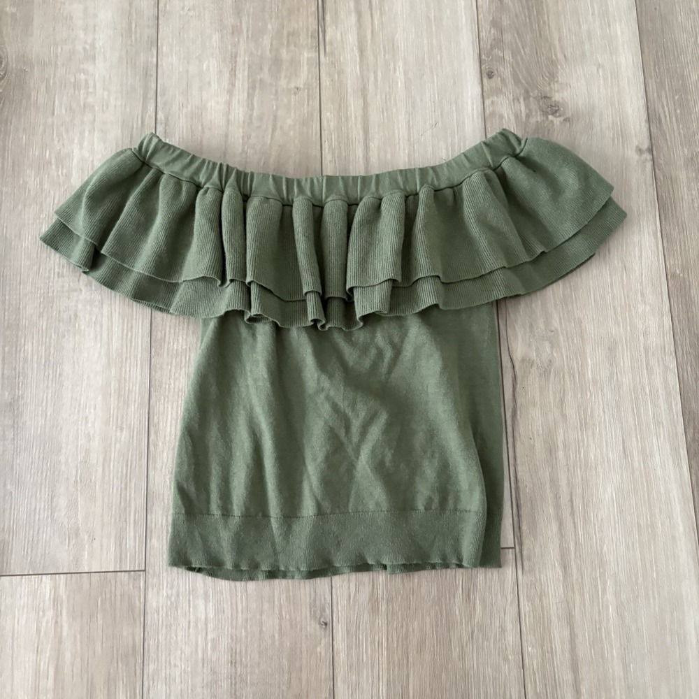 J. Crew Knit Top Womens Size Small Green Off the Shoulder Ruffle Stretchβ